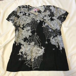 Koi Halloween spider web and lace print scrub top